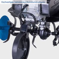 Motorhacke mit hochwertigen Aluminiumgussgetrieben, Detailansicht der Antriebsmechanik und Messeraufhängung