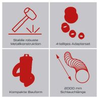 Stabile robuste Metallkonstruktion, 4-teiliges Adapterset, kompakte Bauform, 2000 mm Schlauchlänge