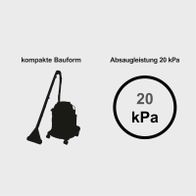Der Scheppach Sprüh- und Waschsauger CUC20-BE hat eine kompakte Bauform und eine Absaugleistung von 20 kPa.