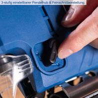 3-stufiger Pendelhub und Feinschnittverstellung einer Akku-Stichsäge mit Blick auf die Einstellmechanik