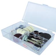 Werkzeug-Set 64-teilig inkl. Aufbewahrungsbox mit verschiedenen Bürsten, Polierpads und Werkzeugen in einer transparenten Box.