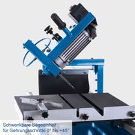 Schwenkbare Sägeeinheit für präzise Gehrungsschnitte von 0° bis +45°