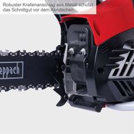 Robuster Krallenanschlag aus Metall schützt das Schnittgut vor dem Abrutschen. Die Scheppach Benzin-Kettensäge PCS38 verfügt über einen robusten Krallenanschlag aus Metall, der das Schnittgut sicher hält und ein Abrutschen verhindert.