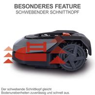 Der Scheppach RoboCut XL600 Mähroboter verfügt über einen schwebenden Schnittkopf, der Bodenunebenheiten zuverlässig und schnell ausgleicht.