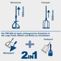 Der PM1400 von Scheppach ist mit umfangreichem Zubehör für Farbe, Mörtel und Beton geeignet. Enthalten sind ein Mörtelstab (580 mm) und ein Farbstab (590 mm). Der Mörtelquirl und Farbquirl sind im 2-in-1-Set enthalten.