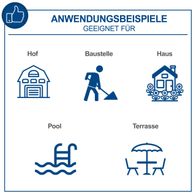 Das Produkt eignet sich für Hof, Baustelle, Haus, Pool und Terrasse. Es ist ein Hochdruckreiniger mit 5m Schlauch, 135 Bar Druck und einer Fördermenge von 420 l/h. Die Leistung beträgt 1600W.