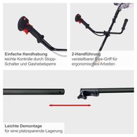 Ergonomische Handhabung mit einfacher Steuerung durch Stopp- und Gashebelsperre für leichte Kontrolle; verstellbarer Bike-Griff für ergonomisches Arbeiten; leichte Demontage für platzsparende Lagerung
