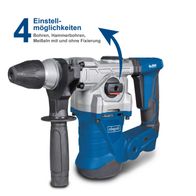 Der Scheppach Bohrhammer DH1300 Plus bietet 4 Einstellmöglichkeiten: Bohren, Hammerbohren, Meißeln mit und ohne Fixierung. Das Gerät verfügt über Vibrationskontrolle für präzises Arbeiten.