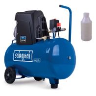 Scheppach Kompressor HC63 mit 50L Kessel, 2,0 HP, 220 L/min Ansaugleistung, ölgeschmiert. Gezeigt von der Seite mit Druckregler und Tank.