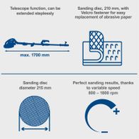 Wall sander with extendable handle (up to 1700 mm), 210 mm sanding disc with Velcro attachment and adjustable speed (800–1800 rpm)