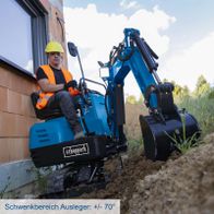 Mini-Bagger mit Auslegerschwenkbereich von +/- 70° für präzise Arbeiten, Scheppach-Modell