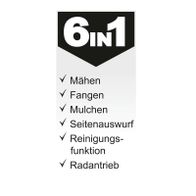 Der Benzin-Rasenmäher MS-173-51B von Scheppach bietet folgende Funktionen: Mähen, Fangen, Mulchen, Seitenauswurf, Reinigungsfunktion und Radantrieb.
