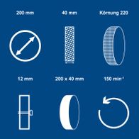 Technische Spezifikationen für Scheppach-Drehscheibe: 200 mm Durchmesser, 40 mm Breite, Korn 220, 150 min⁻¹