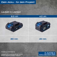 Scheppach Akku-Aschesauger mit Laufzeitvergleichen für 2,0 Ah und 4,0 Ah Batterien, Laufzeiten von 20 und 40 Minuten im Leerlauf