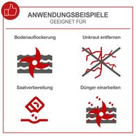 Die Motorhacke MTP560 von Scheppach eignet sich für Bodenauflockerung, Unkraut entfernen, Saatvorbereitung und Dünger einarbeiten. Sie hat eine Schnittbreite von 360 - 560mm und eine Arbeitstiefe von ca. 50mm.