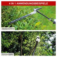 Das Multigartengerät MFH5200-4P von Scheppach bietet 4 Funktionen in einem Gerät. Es verfügt über einen 1,3 kW (1,8 PS) 2-Takt-Benzinmotor mit Seilzugstarter. Die Funktionen umfassen eine Heckenschere und einen Hochentaster.