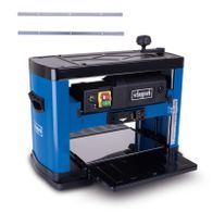 Die Dickenhobelmaschine PLM1800 von Scheppach mit 1500W Leistung und einer Hobelbreite von 330mm sowie einer Höhe von 152mm. Sie verfügt über zwei Hobelmesser und eine automatische Zuführung.