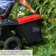 Der Benzin-Aufsitzrasenmäher MR200-61 von Scheppach verfügt über eine robuste 150-Liter-Fangbox, die ausreichend Platz für Schnittgut bietet.