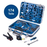 Werkzeugkoffer mit 174 Teilen von Scheppach, inklusive diverser Schraubendreher, Zangen, Mutternschlüssel und Werkzeuge für Reparaturen und Montagearbeiten.