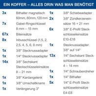 Werkzeugkoffer mit Liste der enthaltenen Werkzeuge für Steckschlüssel, Bithalter, Schraubendreher und Spezialschlüssel