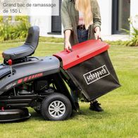 The Scheppach lawnmower features a large collection bag with a capacity of 150 litres.