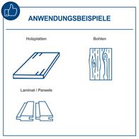 Das Bild zeigt Anwendungsbeispiele für die Tauchsäge PL55. Dargestellt sind Holzplatten, Bohlen und Laminat/Paneele. Die Tauchsäge PL55 von Scheppach eignet sich für diese Materialien.
