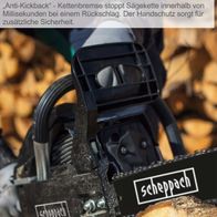 Die Benzin-Kettensäge CSH46 von Scheppach verfügt über eine Anti-Kickback-Kettenbremse, die die Sägekette bei einem Rückschlag innerhalb von Millisekunden stoppt. Der Handschutz sorgt für zusätzliche Sicherheit.