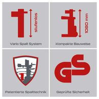 Holzspalter mit Vario-Spalt-System für stufenloses Spalten, kompakter Bauweise mit 1080 mm Spalthöhe, patentierte Spalttechnik und geprüfte Sicherheit.