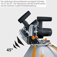 Die Tauchsäge Divar55 Woodster bietet einen stufenlosen Schwenkbereich von 0° bis 45°. Der Kippschutz hält die Säge sicher auf der Schiene in jeder Winkeleinstellung.