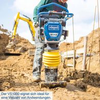 Der Vibrationsstampfer VS1000 von Scheppach mit 5.6 PS und 10000J. Geeignet für 40-60 mm Tiefe. Ideal für vielfältige Anwendungen.