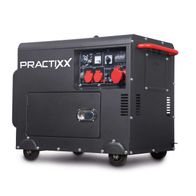 Diesel Stromerzeuger PX-SE-5000D Practixx mit 7,7 PS, 5000W Leistung, Elektrostart und Steckdosen: 2x 230V, 1x 400V. Gezeigt von der Seite mit Bedienfeld und Griffen.