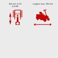The petrol ride-on lawnmower MR225-61 features a 224 cm³ engine with 6 HP (4.4 kW) and a maximum cutting width of 740 mm.
