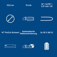 Automatische Ketten Schmierung für Scheppach-Produkt mit 14-Zoll-Kettensägeblatt, 15 m/s Geschwindigkeit, 33,5 cm Kettenlänge und 1,27 mm Kettenabstand