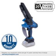 Scheppach cordless pruning saw featuring a 10-year warranty, 20V battery set with charger