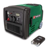 Inverter Stromerzeuger PISE 3400 A1 Parkside LB4-FR mit Fernbedienung. Features: Startknopf, Reset-Taste, AC-Ausgang 230V 16A, AC-Ausgang 230V 12A, DC-Schalter 12V 8A.