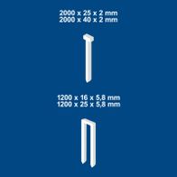 Technische Daten: Scheppach-Schnellspanner mit Abmessungen 2000 x 25/40 x 2 mm und 1200 x 16/25 x 5,8 mm