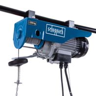 Elektrischer Seilzug HRS300 von Scheppach, seitliche Ansicht mit Haken und Kabel.