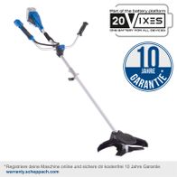 Der Akku-Freischneider Rasentrimmer BC-BCH330 von Scheppach bietet eine 10-jährige Garantie bei Online-Registrierung. Kompatibel mit der 20V-Batterieplattform von Scheppach. Besuchen Sie warranty.scheppach.com für weitere Details.