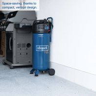 Scheppach air compressor with compact, vertical design. 50L tank, 2.0 HP, 220V. Space-saving and efficient.