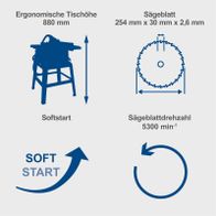 Die Tischkreissäge HS254 von Scheppach bietet eine ergonomische Tischhöhe von 880 mm, ein Sägeblatt mit den Maßen 254 mm x 30 mm x 2,6 mm, eine Sägeblattdrehzahl von 5300 min^-1 und einen Softstart für sanftes Anlaufen.