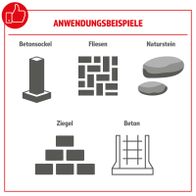 Der Elektro-Abbruchhammer AB2000 Herkules eignet sich für Betonsockel, Fliesen, Naturstein, Ziegel und Beton. Die Abbildung zeigt die verschiedenen Anwendungsbeispiele.