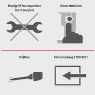 Der Elektro-Abbruchhammer AB1500x Herkules hat einen werkzeuglos frei anpassbaren Handgriff, eine Einrastfunktion und eine Motorleistung von 1300 Watt. Er verfügt über eine Meißelfunktion.