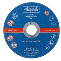 Scheppach Trennscheibe mit 125 mm Durchmesser, max. 80 m/s, Artikelnummer 7903806704, EN12413 zertifiziert.