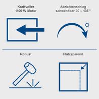 Motorleistung und Bewegungsbereich eines Abrichtanschlags mit 1100 Watt und Schwenkbereich 90–135°