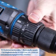 Die Akku-Schlagbohrmaschine C-CD45-X von Scheppach bietet 19 Drehmomentstufen, 1 Bohrstufe und 1 Schlagbohrstufe für material- und anwendungsgerechtes Arbeiten.