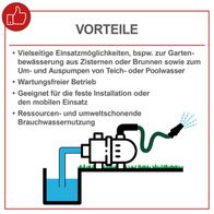 Wichtige Vorteile einer Gartenpumpe mit den Funktionen: vielseitige Einsatzmöglichkeiten, wartungsfreier Betrieb, fest oder mobil einsetzbar, sowie ressourcenschonende Brauchwassernutzung