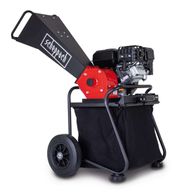 Der Benzin-Messerhäcksler PGS75 von Scheppach verfügt über einen großen Fangsack und einen robusten Motor. Die Maschine ist mit einem schwarzen Auswurfschacht ausgestattet und hat große Räder für einfache Mobilität.