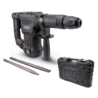 Abbruchhammer DBH1500-BE Scheppach Black mit 20J Schlagenergie und 1300W Leistung. SDS-Max-Bohrfutter. Inkl. Spitz- und Flachmeißel. Gezeigt von der Seite mit Meißelhalter und Meißeln.