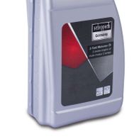 Scheppach 2-Takt Motorenöl, 1 Liter, graue Flasche mit schwarzem Deckel, Frontansicht.