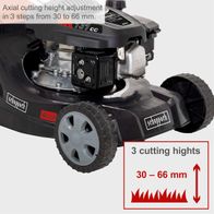 The Scheppach petrol lawnmower MP132-40 features axial cutting height adjustment in 3 steps from 30 to 66 mm. The cutting width is 40 cm. The engine has a capacity of 131 ccm.